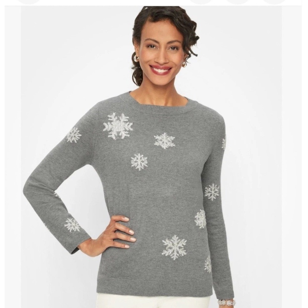 Talbots Snowflake Sweater Women Medium Gray‎ Cashmere Blend Knit Pullover Preppy